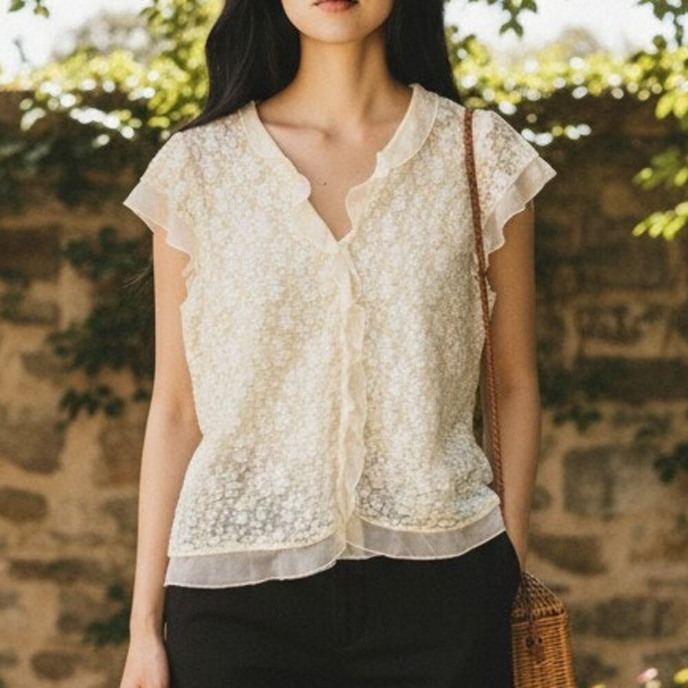 Vintage John Paul Richard Lace Short Sleeve Top Blouse Large Feminine Ruffle